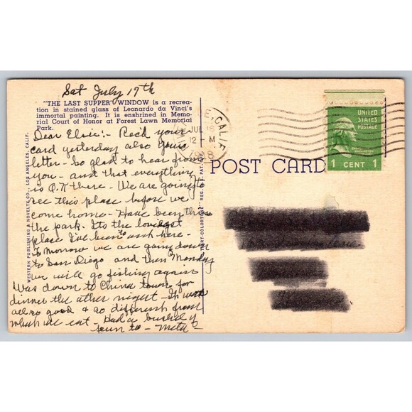 Postcard California Glendale Forest Lawn Memorial Park The Last Supper Linen '48 - Picture 2 of 2